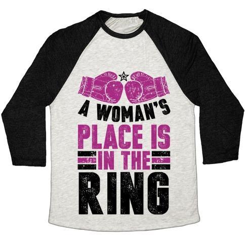 Virgin Teez  Baseball Tee Unisex Tri-Blend Baseball Tee / small / Oatmeal / Black A WOMAN'S PLACE IS IN THE RING UNISEX TRI-BLEND BASEBALL TEE