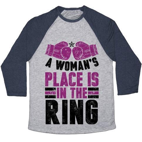 Virgin Teez  Baseball Tee Unisex Tri-Blend Baseball Tee / small / Athletic Gray / Navy A WOMAN'S PLACE IS IN THE RING UNISEX TRI-BLEND BASEBALL TEE