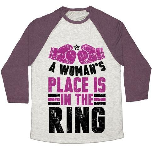 Virgin Teez  Baseball Tee Unisex Tri-Blend Baseball Tee / small / Oatmeal / Maroon A WOMAN'S PLACE IS IN THE RING UNISEX TRI-BLEND BASEBALL TEE