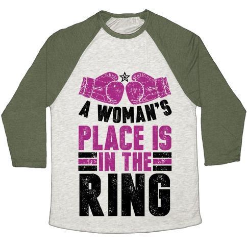 Virgin Teez  Baseball Tee Unisex Tri-Blend Baseball Tee / small / Oatmeal / Moss A WOMAN'S PLACE IS IN THE RING UNISEX TRI-BLEND BASEBALL TEE