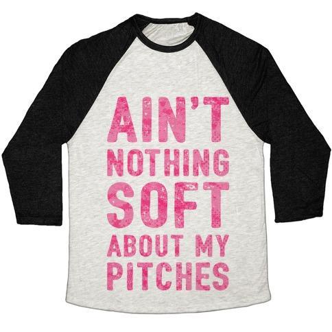 Virgin Teez  Baseball Tee Unisex Tri-Blend Baseball Tee / small / Oatmeal / Black AIN'T NOTHING SOFT ABOUT MY PITCHES UNISEX TRI-BLEND BASEBALL TEE