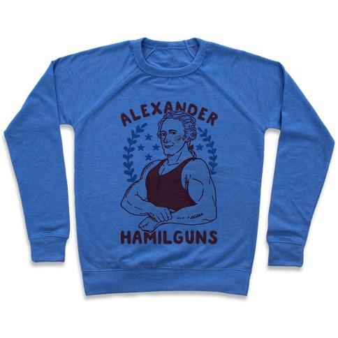 Virgin Teez  Pullover Crewneck Sweatshirt / x-small / Heathered Blue ALEXANDER HAMILGUNS CREWNECK SWEATSHIRT