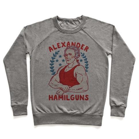 Virgin Teez  Pullover Crewneck Sweatshirt / x-small / Heathered Gray ALEXANDER HAMILGUNS CREWNECK SWEATSHIRT