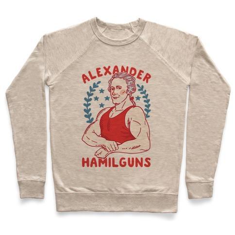 Virgin Teez  Pullover Crewneck Sweatshirt / x-small / Heathered Oatmeal ALEXANDER HAMILGUNS CREWNECK SWEATSHIRT