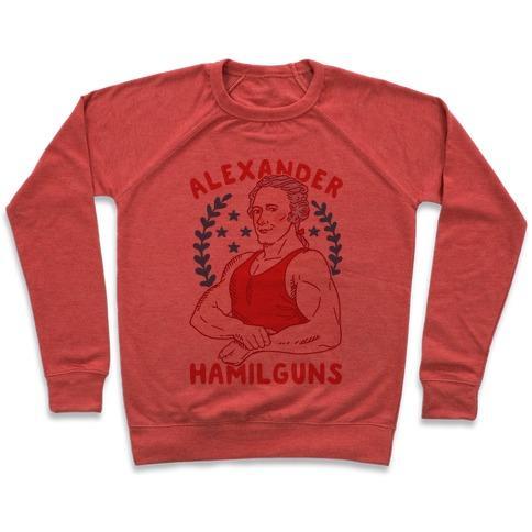 Virgin Teez  Pullover Crewneck Sweatshirt / x-small / Heathered Red ALEXANDER HAMILGUNS CREWNECK SWEATSHIRT