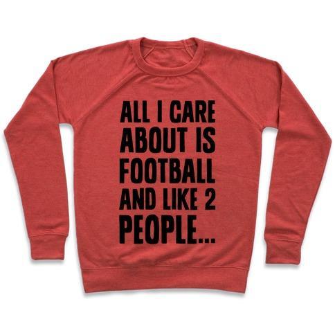 Virgin Teez  Pullover Crewneck Sweatshirt / x-small / Heathered Red ALL I CARE ABOUT IS FOOTBALL AND LIKE TWO PEOPLE CREWNECK SWEATSHIRT