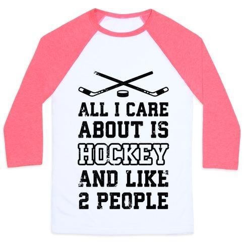 Virgin Teez  Baseball Tee Unisex Classic Baseball Tee / x-small / White/Neon Pink ALL I CARE ABOUT IS HOCKEY AND LIKE 2 PEOPLE UNISEX CLASSIC BASEBALL TEE