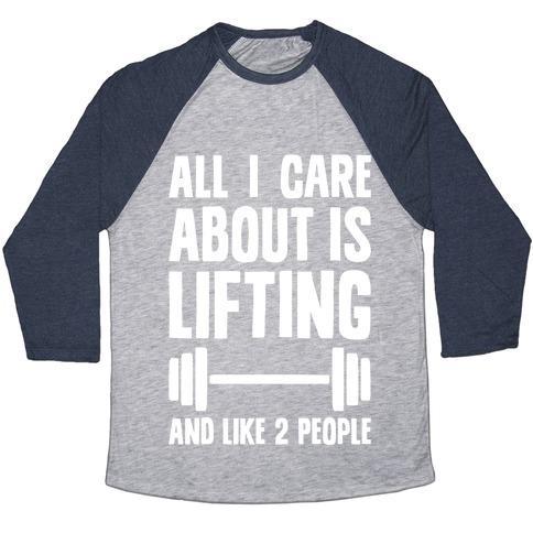 Virgin Teez  Baseball Tee Unisex Tri-Blend Baseball Tee / small / Athletic Gray / Navy ALL I CARE ABOUT IS LIFTING AND LIKE TWO PEOPLE UNISEX TRI-BLEND BASEBALL TEE