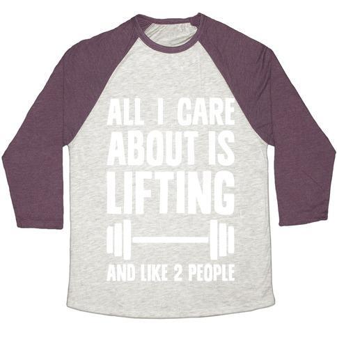 Virgin Teez  Baseball Tee Unisex Tri-Blend Baseball Tee / small / Oatmeal / Maroon ALL I CARE ABOUT IS LIFTING AND LIKE TWO PEOPLE UNISEX TRI-BLEND BASEBALL TEE