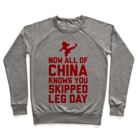 Virgin Teez  Pullover Crewneck Sweatshirt / x-small / Heathered Gray ALL OF CHINA KNOWS YOU SKIP LEG DAY CREWNECK SWEATSHIRT