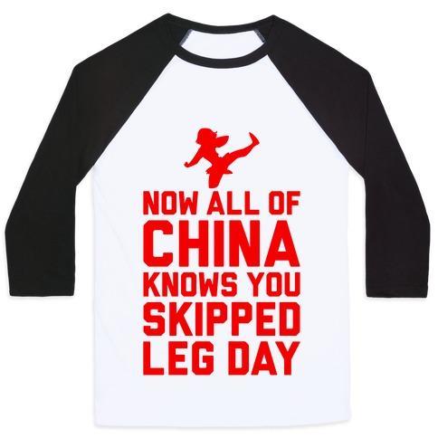 Virgin Teez  Baseball Tee Unisex Classic Baseball Tee / x-small / White/Black ALL OF CHINA KNOWS YOU SKIP LEG DAY UNISEX CLASSIC BASEBALL TEE