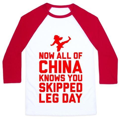 Virgin Teez  Baseball Tee Unisex Classic Baseball Tee / x-small / White/Red ALL OF CHINA KNOWS YOU SKIP LEG DAY UNISEX CLASSIC BASEBALL TEE