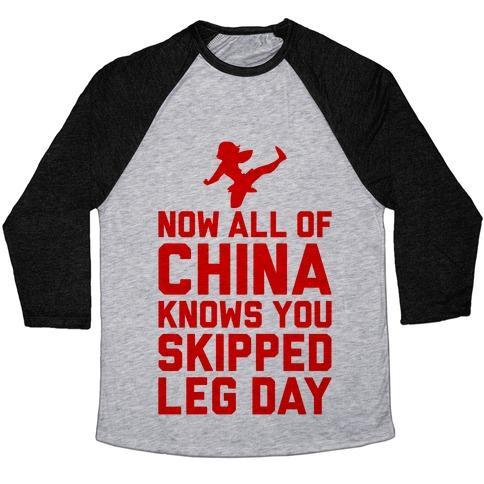 Virgin Teez  Baseball Tee Unisex Tri-Blend Baseball Tee / small / Athletic Gray / Black ALL OF CHINA KNOWS YOU SKIP LEG DAY UNISEX TRI-BLEND BASEBALL TEE