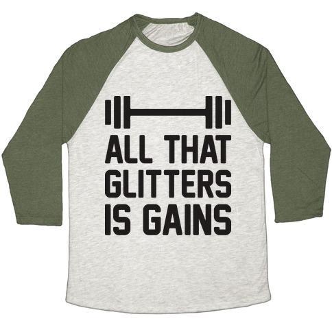 Virgin Teez  Baseball Tee Unisex Tri-Blend Baseball Tee / small / Oatmeal / Moss ALL THAT GLITTERS IS GAINS UNISEX TRI-BLEND BASEBALL TEE