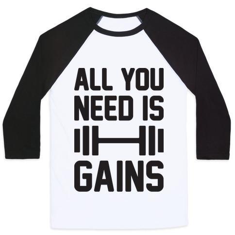 Virgin Teez  Baseball Tee Unisex Classic Baseball Tee / x-small / White/Black ALL YOU NEED IS GAINS UNISEX CLASSIC BASEBALL TEE
