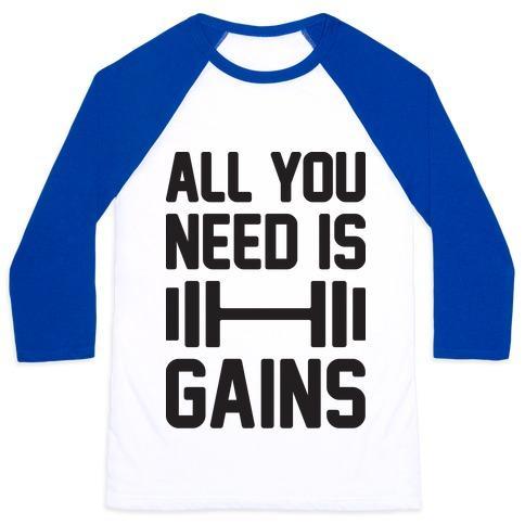 Virgin Teez  Baseball Tee Unisex Classic Baseball Tee / x-small / White/Blue ALL YOU NEED IS GAINS UNISEX CLASSIC BASEBALL TEE