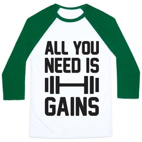 Virgin Teez  Baseball Tee Unisex Classic Baseball Tee / x-small / White/Dark Green ALL YOU NEED IS GAINS UNISEX CLASSIC BASEBALL TEE