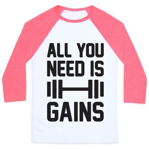 Virgin Teez  Baseball Tee Unisex Classic Baseball Tee / x-small / White/Neon Pink ALL YOU NEED IS GAINS UNISEX CLASSIC BASEBALL TEE