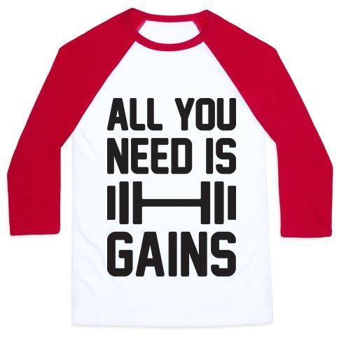 Virgin Teez  Baseball Tee Unisex Classic Baseball Tee / x-small / White/Red ALL YOU NEED IS GAINS UNISEX CLASSIC BASEBALL TEE