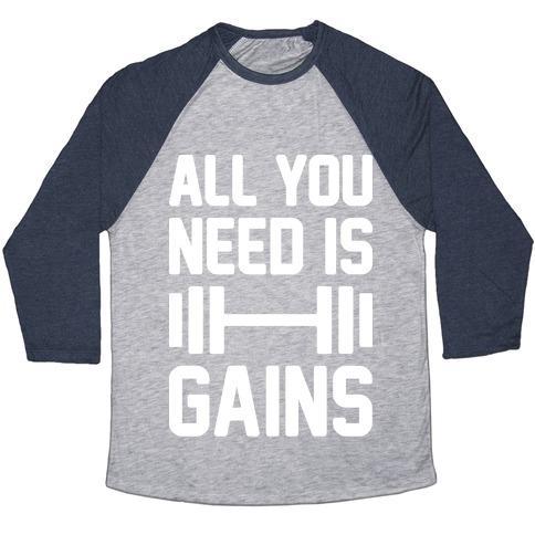 Virgin Teez  Baseball Tee Unisex Tri-Blend Baseball Tee / small / Athletic Gray / Navy ALL YOU NEED IS GAINS UNISEX TRI-BLEND BASEBALL TEE