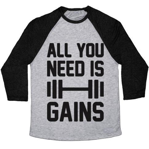 Virgin Teez  Baseball Tee Unisex Tri-Blend Baseball Tee / small / Athletic Gray / Black ALL YOU NEED IS GAINS UNISEX TRI-BLEND BASEBALL TEE