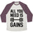 Virgin Teez  Baseball Tee Unisex Tri-Blend Baseball Tee / small / Oatmeal / Maroon ALL YOU NEED IS GAINS UNISEX TRI-BLEND BASEBALL TEE