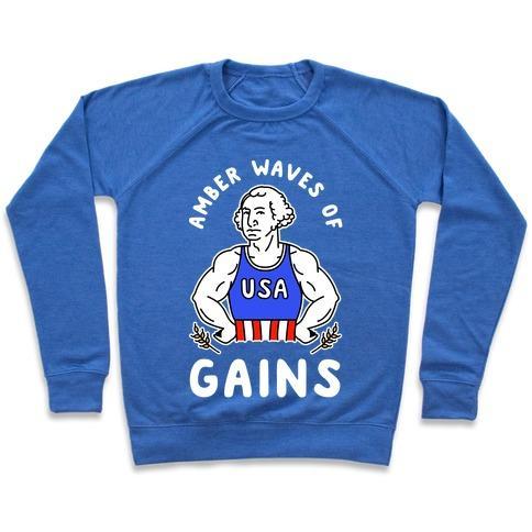 Virgin Teez  Pullover Crewneck Sweatshirt / x-small / Heathered Blue AMBER WAVES OF GAINS CREWNECK SWEATSHIRT