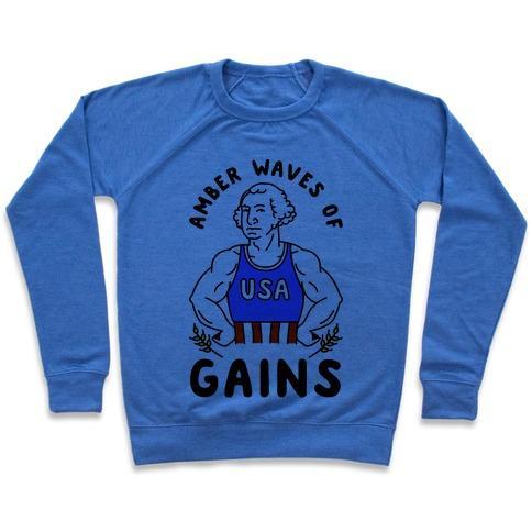 Virgin Teez  Pullover Crewneck Sweatshirt / x-small / Heathered Blue AMBER WAVES OF GAINS CREWNECK SWEATSHIRT