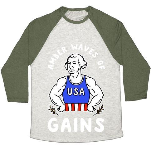 Virgin Teez  Baseball Tee Unisex Tri-Blend Baseball Tee / small / Oatmeal / Moss AMBER WAVES OF GAINS UNISEX TRI-BLEND BASEBALL TEE