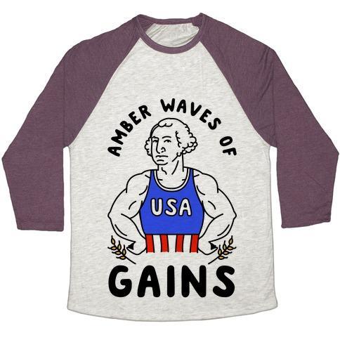 Virgin Teez  Baseball Tee Unisex Tri-Blend Baseball Tee / small / Oatmeal / Maroon AMBER WAVES OF GAINS UNISEX TRI-BLEND BASEBALL TEE