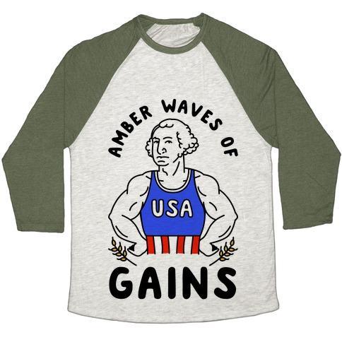 Virgin Teez  Baseball Tee Unisex Tri-Blend Baseball Tee / small / Oatmeal / Moss AMBER WAVES OF GAINS UNISEX TRI-BLEND BASEBALL TEE