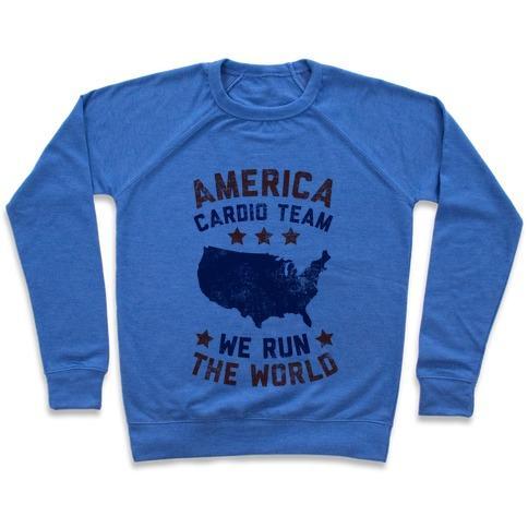 Virgin Teez  Pullover Crewneck Sweatshirt / x-small / Heathered Blue AMERICA CARDIO TEAM (WE RUN THE WORLD) CREWNECK SWEATSHIRT