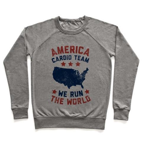 Virgin Teez  Pullover Crewneck Sweatshirt / x-small / Heathered Gray AMERICA CARDIO TEAM (WE RUN THE WORLD) CREWNECK SWEATSHIRT