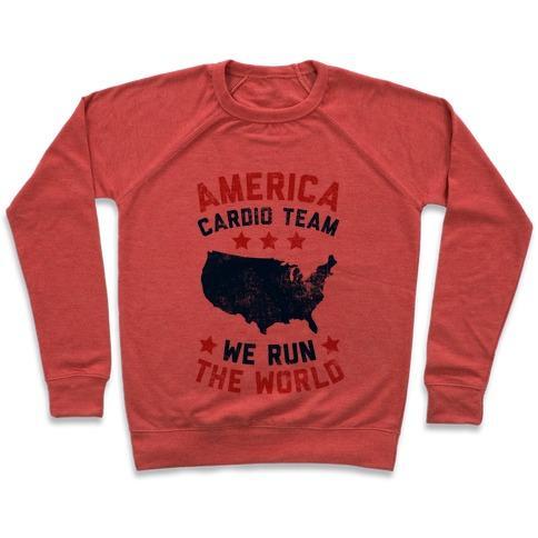 Virgin Teez  Pullover Crewneck Sweatshirt / x-small / Heathered Red AMERICA CARDIO TEAM (WE RUN THE WORLD) CREWNECK SWEATSHIRT