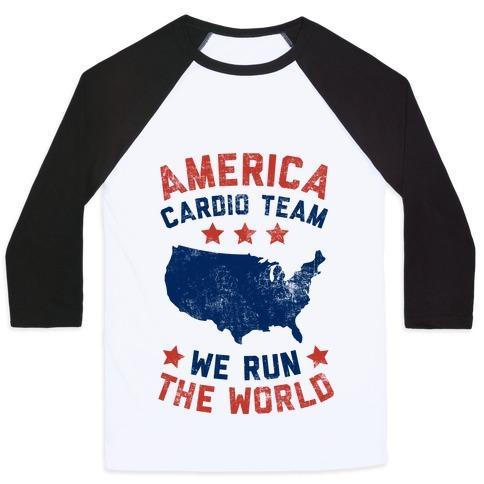 Virgin Teez  Baseball Tee Unisex Classic Baseball Tee / x-small / White/Black AMERICA CARDIO TEAM (WE RUN THE WORLD) UNISEX CLASSIC BASEBALL TEE