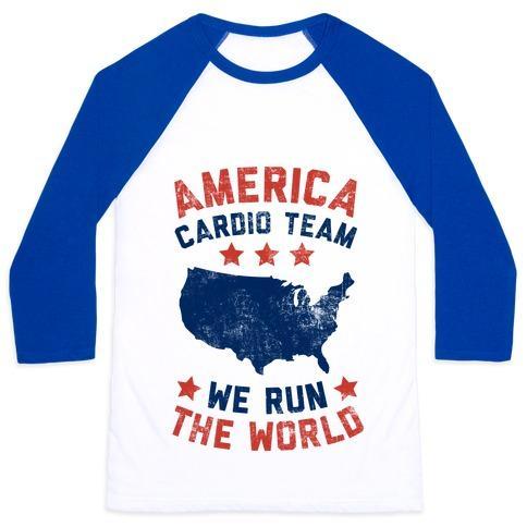 Virgin Teez  Baseball Tee Unisex Classic Baseball Tee / x-small / White/Blue AMERICA CARDIO TEAM (WE RUN THE WORLD) UNISEX CLASSIC BASEBALL TEE