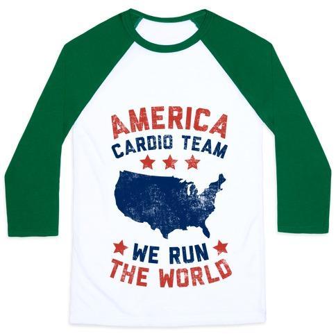 Virgin Teez  Baseball Tee Unisex Classic Baseball Tee / x-small / White/Dark Green AMERICA CARDIO TEAM (WE RUN THE WORLD) UNISEX CLASSIC BASEBALL TEE