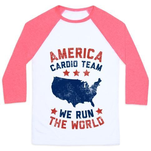 Virgin Teez  Baseball Tee Unisex Classic Baseball Tee / x-small / White/Neon Pink AMERICA CARDIO TEAM (WE RUN THE WORLD) UNISEX CLASSIC BASEBALL TEE