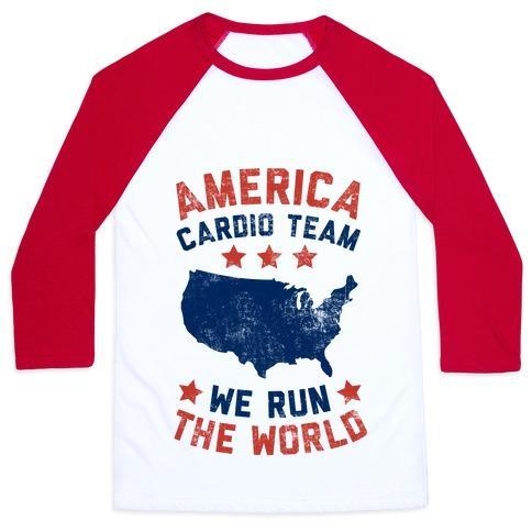 Virgin Teez  Baseball Tee Unisex Classic Baseball Tee / x-small / White/Red AMERICA CARDIO TEAM (WE RUN THE WORLD) UNISEX CLASSIC BASEBALL TEE