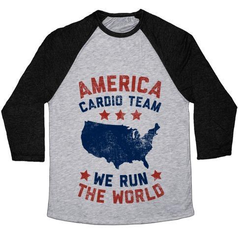 Virgin Teez  Baseball Tee Unisex Tri-Blend Baseball Tee / small / Athletic Gray / Black AMERICA CARDIO TEAM (WE RUN THE WORLD) UNISEX TRI-BLEND BASEBALL TEE