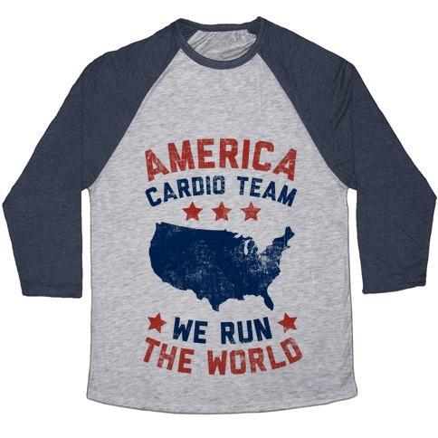 Virgin Teez  Baseball Tee Unisex Tri-Blend Baseball Tee / small / Athletic Gray / Navy AMERICA CARDIO TEAM (WE RUN THE WORLD) UNISEX TRI-BLEND BASEBALL TEE