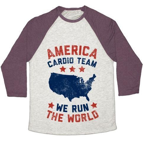 Virgin Teez  Baseball Tee Unisex Tri-Blend Baseball Tee / small / Oatmeal / Maroon AMERICA CARDIO TEAM (WE RUN THE WORLD) UNISEX TRI-BLEND BASEBALL TEE