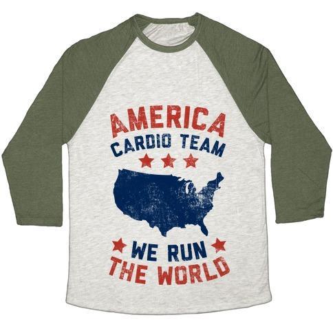 Virgin Teez  Baseball Tee Unisex Tri-Blend Baseball Tee / small / Oatmeal / Moss AMERICA CARDIO TEAM (WE RUN THE WORLD) UNISEX TRI-BLEND BASEBALL TEE