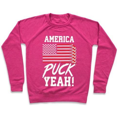 Virgin Teez  Pullover Crewneck Sweatshirt / x-small / Deep Pink AMERICA PUCK YEAH HOCKEY FLAG CREWNECK SWEATSHIRT