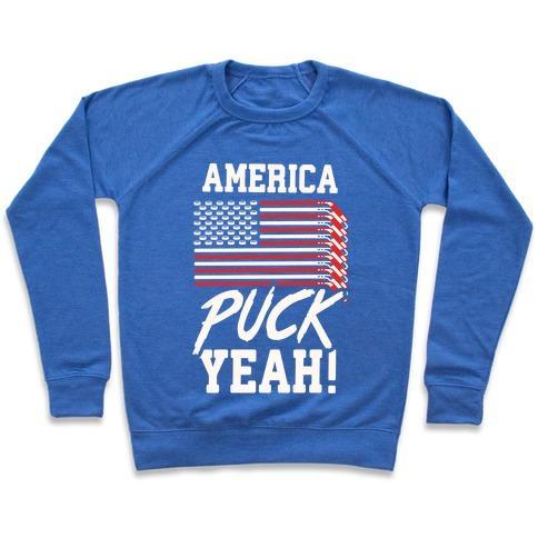 Virgin Teez  Pullover Crewneck Sweatshirt / x-small / Heathered Blue AMERICA PUCK YEAH HOCKEY FLAG CREWNECK SWEATSHIRT
