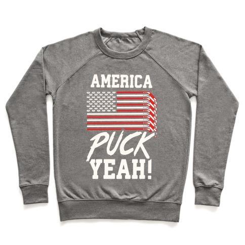 Virgin Teez  Pullover Crewneck Sweatshirt / x-small / Heathered Gray AMERICA PUCK YEAH HOCKEY FLAG CREWNECK SWEATSHIRT