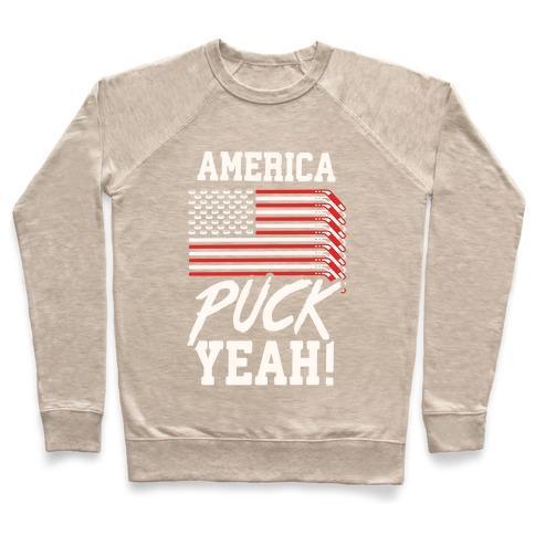 Virgin Teez  Pullover Crewneck Sweatshirt / x-small / Heathered Oatmeal AMERICA PUCK YEAH HOCKEY FLAG CREWNECK SWEATSHIRT