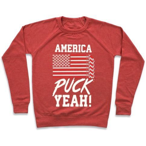 Virgin Teez  Pullover Crewneck Sweatshirt / x-small / Heathered Red AMERICA PUCK YEAH HOCKEY FLAG CREWNECK SWEATSHIRT