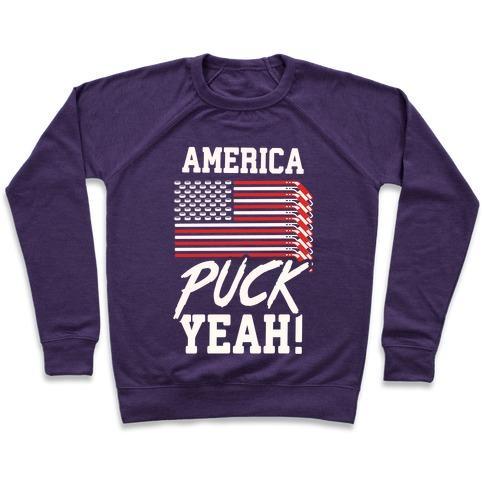 Virgin Teez  Pullover Crewneck Sweatshirt / x-small / Purple AMERICA PUCK YEAH HOCKEY FLAG CREWNECK SWEATSHIRT