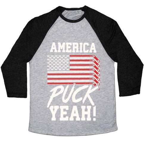 Virgin Teez  Baseball Tee Unisex Tri-Blend Baseball Tee / small / Athletic Gray / Black AMERICA PUCK YEAH HOCKEY FLAG UNISEX TRI-BLEND BASEBALL TEE